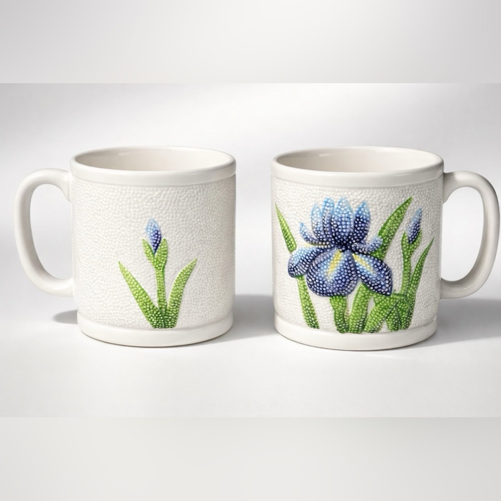 Vintage Otagiri Set of 2 Iris Flower Embossed Ceramic Mugs. Made In Japan 10oz.